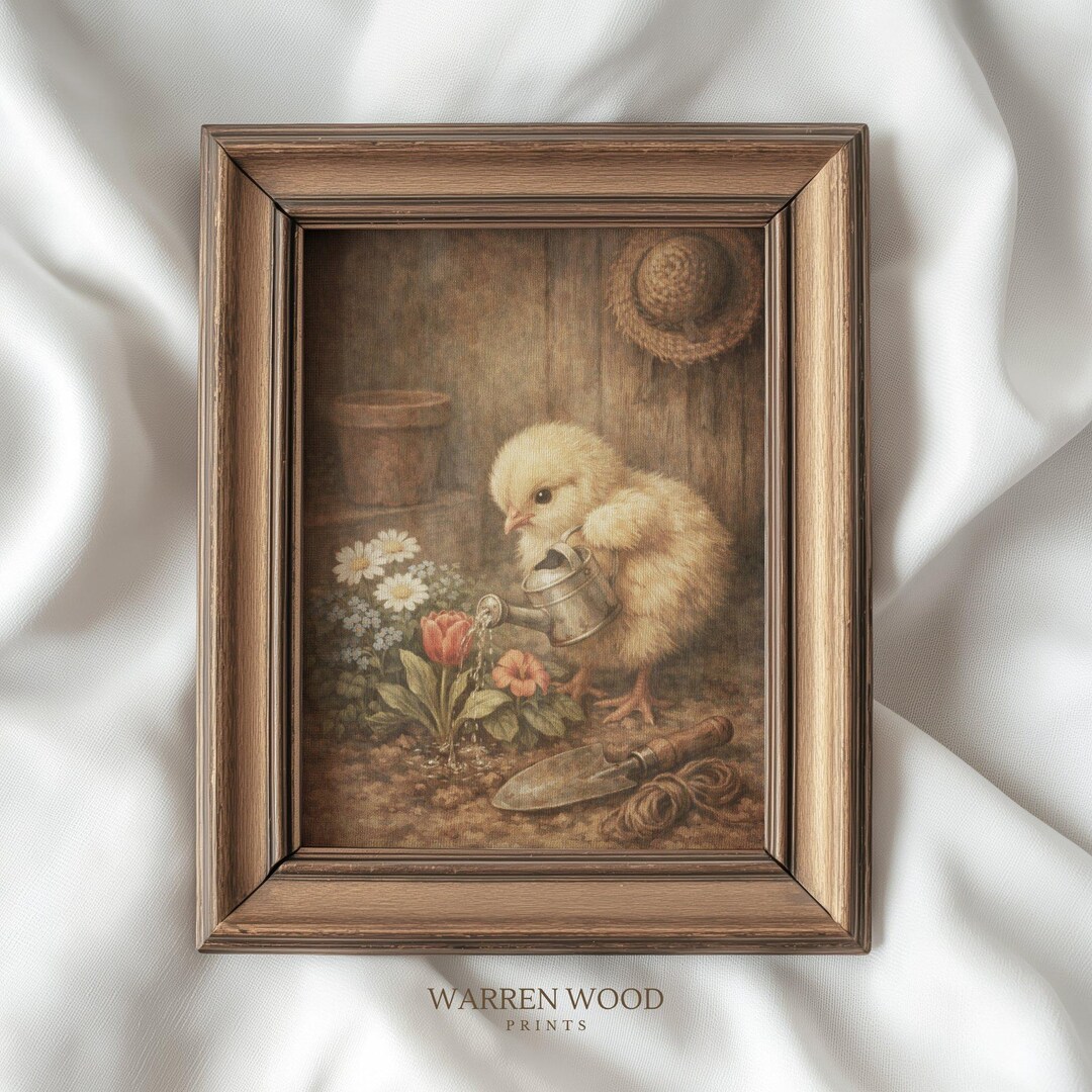 Rustic Chick Vintage Baby Chick Watering Flowers Print, Rustic Nursery Wall Art ...