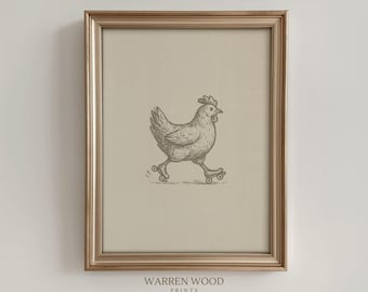 Chicken on Rollerblades Print, Rustic Farmhouse Wall Art, Vintage Animal Illustration, Neutral Country Decor, Funny Chicken Sketch