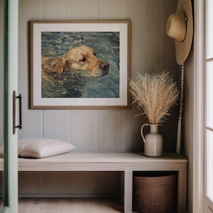 Golden Retriever Wall Art, Dog Swimming Print, Water Dog Painting, Coastal Pet Decor, Calming Blue Tones, Digital Download, Animal Art image 6