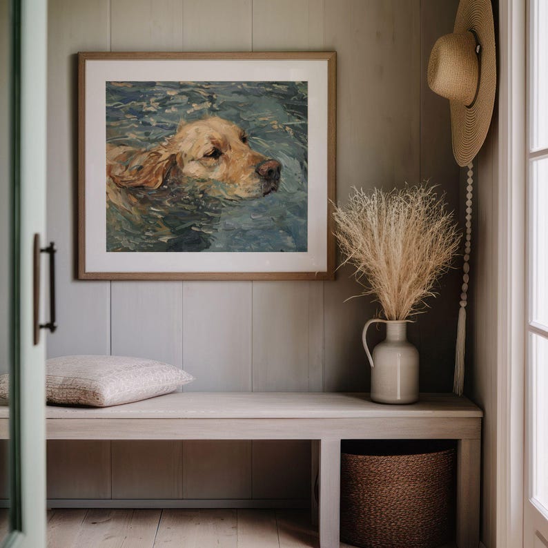 Golden Retriever Wall Art, Dog Swimming Print, Water Dog Painting, Coastal Pet Decor, Calming Blue Tones, Digital Download, Animal Art image 6