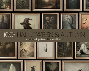 May include: A collection of framed Halloween and autumn-themed art prints. The prints feature spooky scenes, including a black cat in a witch hat, skeletons, ghosts, and eerie landscapes. The text reads "100+ Halloween & Autumn curated printable wall art."