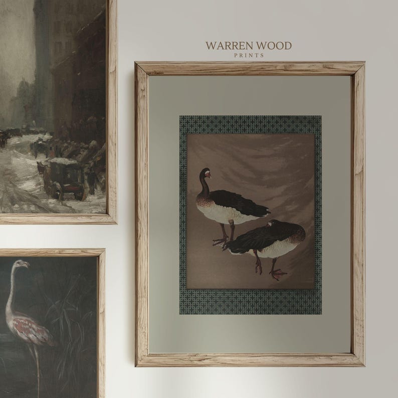 May include: Framed print featuring two birds with black and white plumage, set against a brown background. The print is framed in a light-colored wood frame, with the text "WARREN WOOD PRINTS" at the top.