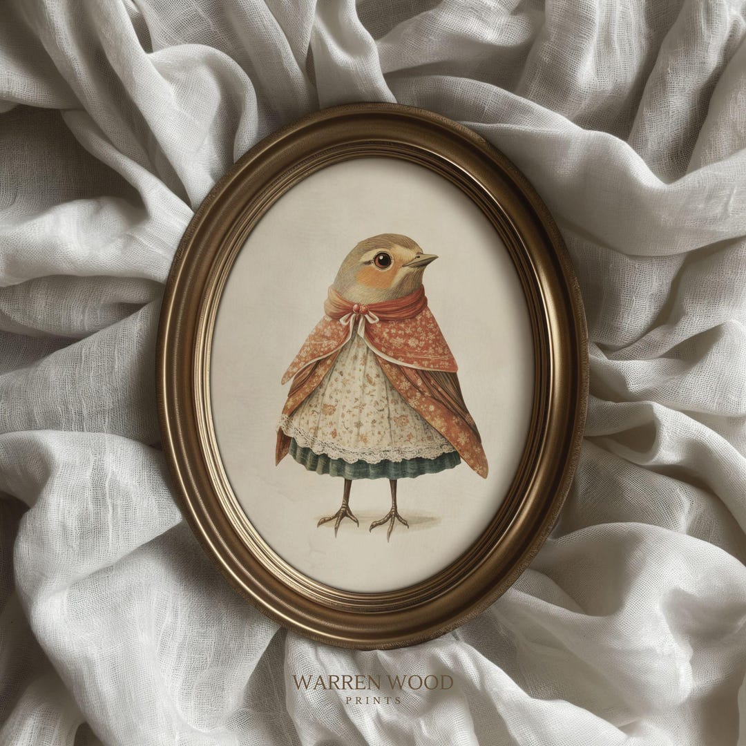 Whimsy Robin Robin in Christmas Coat Print, Whimsical Vintage Bird Art, Neutral ...