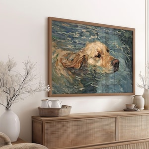 Golden Retriever Wall Art, Dog Swimming Print, Water Dog Painting, Coastal Pet Decor, Calming Blue Tones, Digital Download, Animal Art image 4