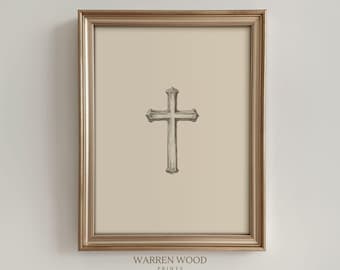 Rustic Cross Wall Art, Neutral Beige Christian Print, Washed Black Cross Illustration, Faith Printable Decor, Vintage Religious Printable