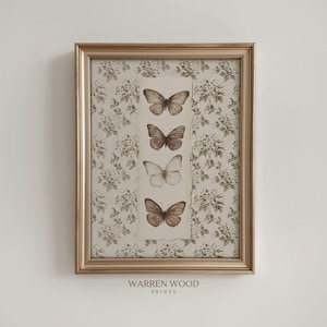 Vintage Butterfly Print, Rustic Insect Wall Art, Neutral Brown Cottagecore Decor, Botanical Printable Poster, Butterfly Floral Printable