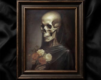 Skeleton Lady Portrait Print, Gothic Wall Art, Vintage Skull Woman Painting, Spooky Halloween Decor, Dark Moody Skeleton Artwork