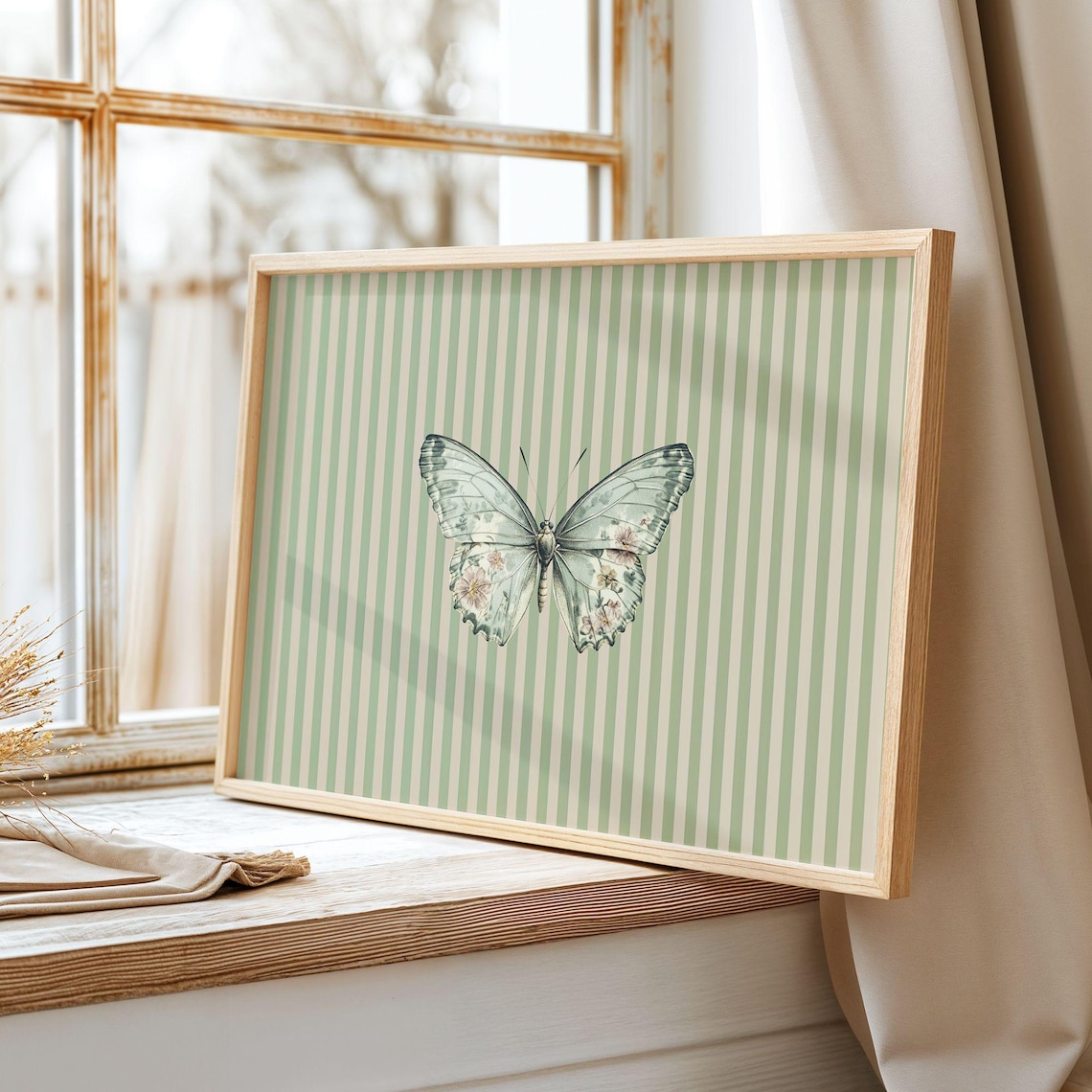 Vintage Butterfly Print, Sage Green Striped Wall Art, Neutral Floral ...