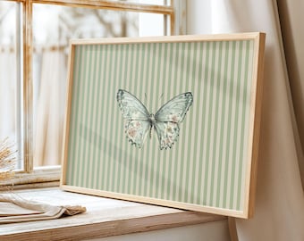 Vintage Butterfly Print, Sage Green Striped Wall Art, Neutral Floral Insect Decor, Cottagecore Butterfly Artwork, Digital Download