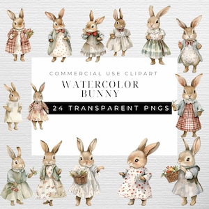 Puede incluir: Un conjunto de 24 ilustraciones de conejos de acuarela. Los conejos se representan en varias poses y llevan diferentes atuendos. Las ilustraciones son perfectas para agregar un toque de fantasía a tus proyectos.