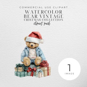 Pode incluir: Ilustração em aquarela de um urso de pelúcia vintage usando um gorro de Papai Noel e jaqueta azul, sentado em uma pilha de presentes embrulhados. A imagem inclui o texto "Watercolor Bear Vintage Christmas Collection Clipart Pack."