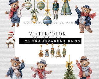 Watercolor Christmas Teddy Bear Clipart: 23 PNG Images (Commercial Use)