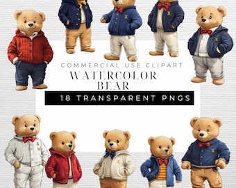 Watercolor Teddy Bear Clipart, bear polo,  PNG (Digital Download)