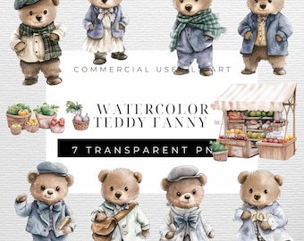 Watercolor Teddy Bear Clipart: Farmer's Market PNG (Commercial Use)