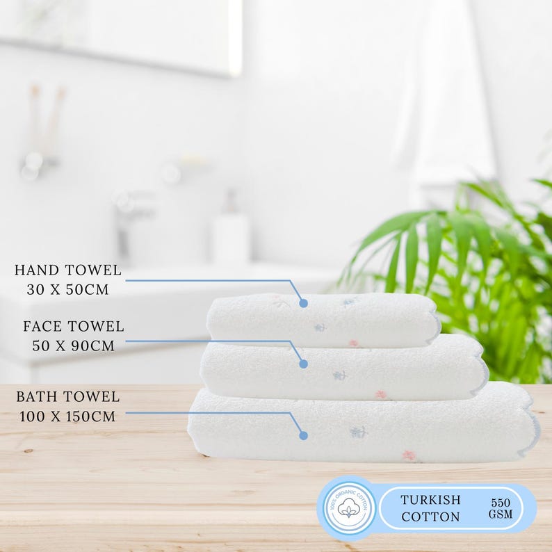May include: Three white towels stacked on a wooden surface. The towels are labeled as hand towel (30 x 50 cm), face towel (50 x 90 cm), and bath towel (100 x 150 cm). A blue circle with the text "Turkish Cotton 550 GSM" is in the lower right corner.