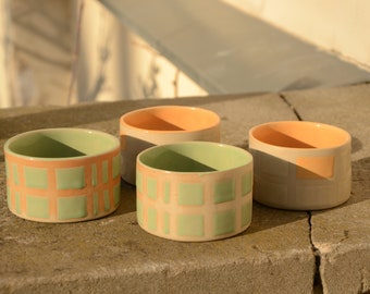 set of 4 handbuilt ceramic cups in geometric pattern, orange, pale green colors, coffee cups, lungo cups, espresso cups, for coffee lovers