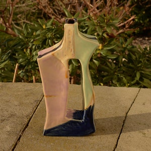 unique handbuilt ceramic vase in modern style, angular shape, lilac, navy, pistachio green and ecru colors image 2