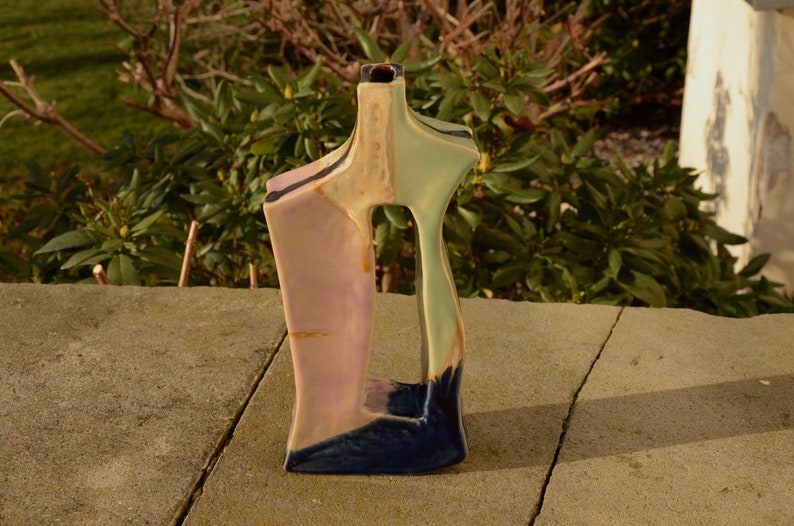 unique handbuilt ceramic vase in modern style, angular shape, lilac, navy, pistachio green and ecru colors image 2