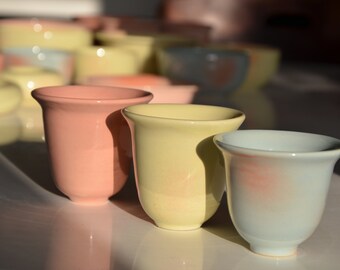 ceramic mini cups, traditional shape, pastel colors, for coffee lovers, perfect for morning espresso, baby blue, buttery yellow, pink colors