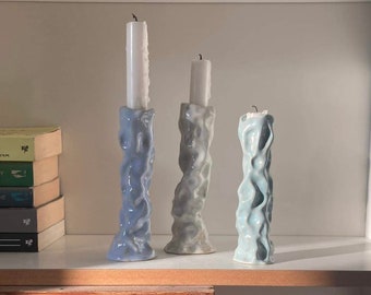 set of three handmade candlesticks in white and blue shades in irregular shape