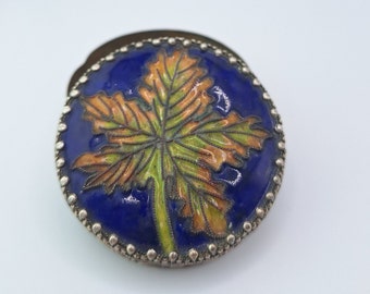 Autumn Leaf Blue Enamel Silver Round Trinket Box With Mirror
