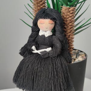 Handmade Macrame Doll Inspired By Wednesday, Gothic Decor, Black Yarn Doll, Unique Gift For Her, Creepy Cute Room Decor, Halloween Aesthetic