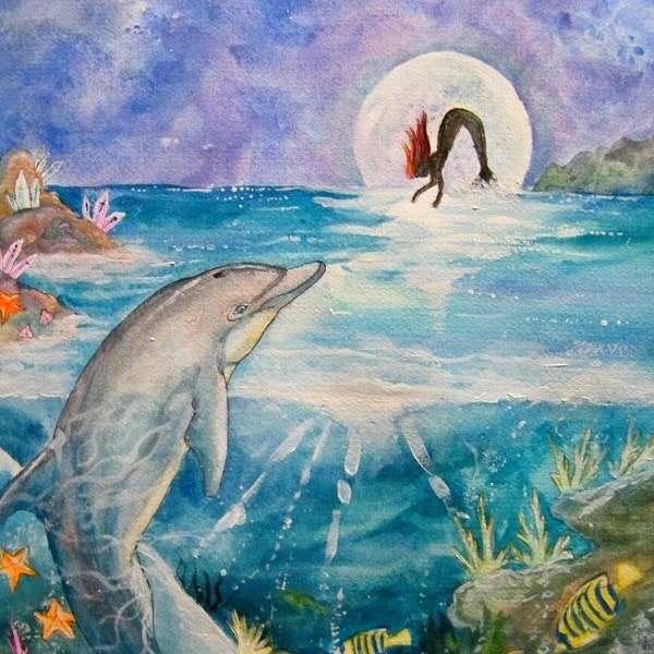 Peinture aquarelle dauphin et sirène océan pleine lune