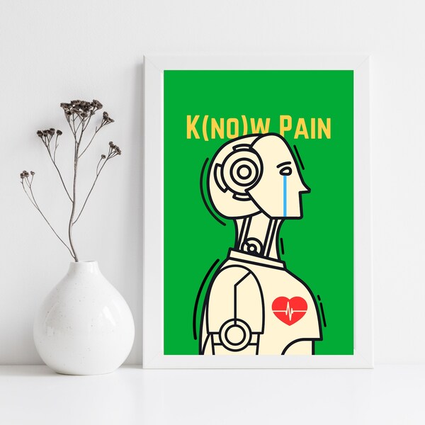 Robot "Know Pain" Wall Art - Minimalist Home Decor, Vibrant Green & Yellow Modern Wall Art, Urban Chic Office Decoration, Printable Wall Art