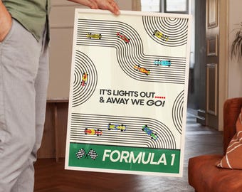 Retro Formula 1 Racing Poster - Lights Out and Away We Go - F1 Wall Art Gift for Him