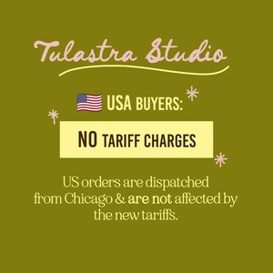 The image is a promotional graphic for Tulastra Studio, which states that US orders are dispatched from Chicago and are not affected by the new tariffs.