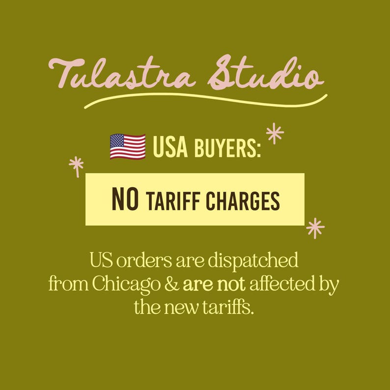The image is a promotional graphic for Tulastra Studio, which states that US orders are dispatched from Chicago and are not affected by the new tariffs.