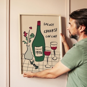 Regalo de 50 cumpleaños para él, lámina ilustrada de vino, vintage de 1974, lámina personalizada con el año de nacimiento, regalo personalizado para tu esposo, tamaño A4/A3/A2/A1