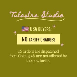 The image is a promotional graphic for Tulastra Studio, which states that US orders are dispatched from Chicago and are not affected by the new tariffs.