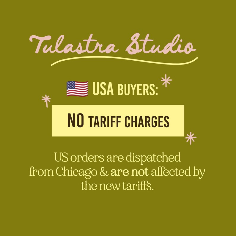 The image is a promotional graphic for Tulastra Studio, which states that US orders are dispatched from Chicago and are not affected by the new tariffs.