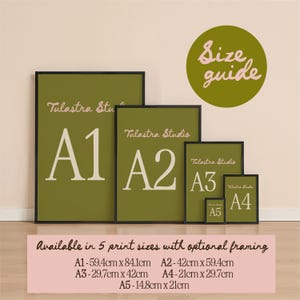 a collection of framed prints in different sizes, with a size guide provided. The text indicates that the prints are available in five print sizes with optional framing.