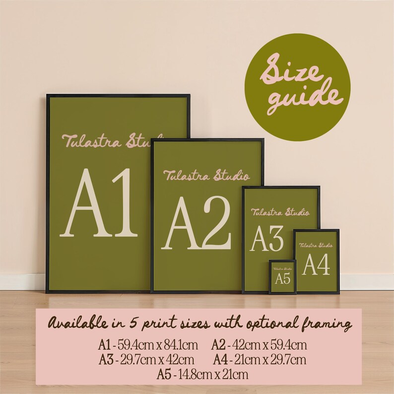 a collection of framed prints in different sizes, with a size guide provided. The text indicates that the prints are available in five print sizes with optional framing.