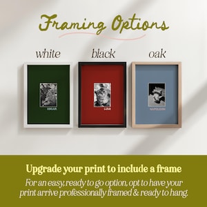 three framed prints in different colors: white, black, and oak. The text above the prints reads " Framing Options" and below the prints, it says " Upgrade your print to include a frame For an easy,ready to go option, opt to have your print arrive professionally framed & ready to hang."