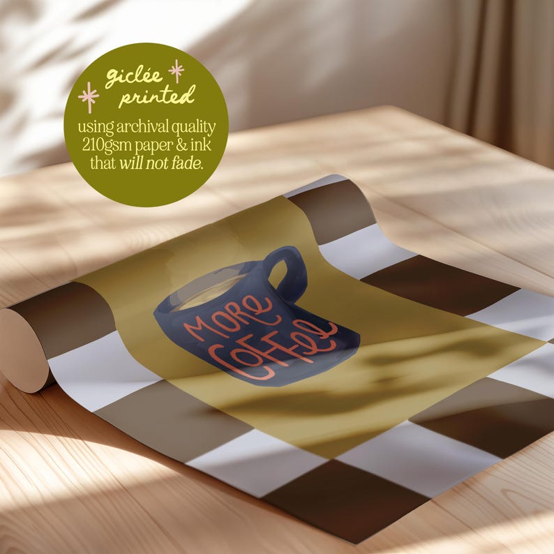 The image is a poster with a coffee cup design, and it is described as being printed using archival quality paper and ink that will not fade.