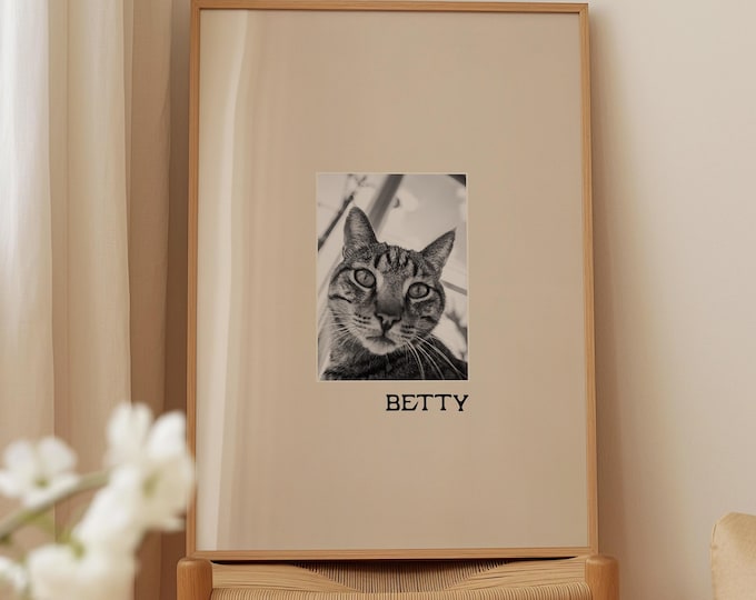 Personalised Cat Photo Print – Custom Pet Portrait with Name – Giclée Cat Wall Art – Framed or Unframed – Gift for Cat Lovers