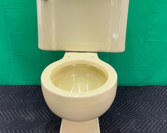 May include: A vintage, two-piece toilet in a pale yellow color. The toilet has a rounded bowl and a rectangular tank. The flush handle is chrome. The background is a solid green.
