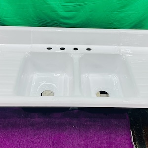 Vintage Kitchen Sink Double Basin and Drainboard 60&quot; Long Professionally Refinished