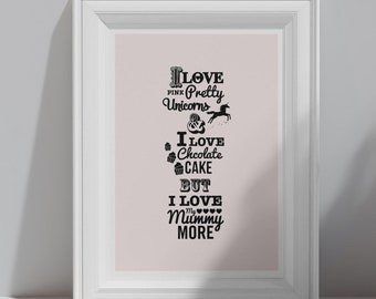 Love Mummy Daughter gift print with text & illustration, for Birthday, Valentines, Mothers Day from kids children toddler baby