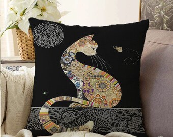 Cat Cushion Cover|Oriental Pillow Case|Ethnic Minimalist Pillow Cover|Handmade Square Cushion Case|Sofa Bed Decor Bohem Pillowcases