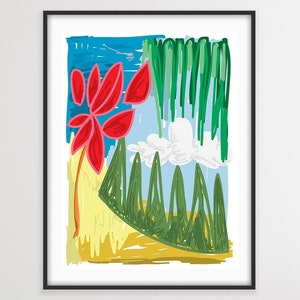 Tropische Landschaft Druck, digitale Malerei, expressive Kunst, Pflanzen, abstraktes Kunstwerk, Kunstdruck, bunt, mutig, zeitgenössisch, neu, Dekor