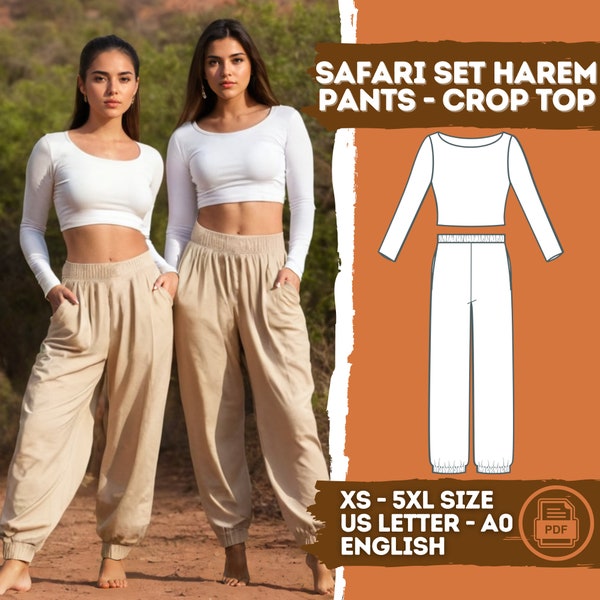 Harem Lounge Pants Sewing Pattern Set Fitted Crop Top PDF Pattern Yoga Pants Pattern Elastic Wide Leg Pants