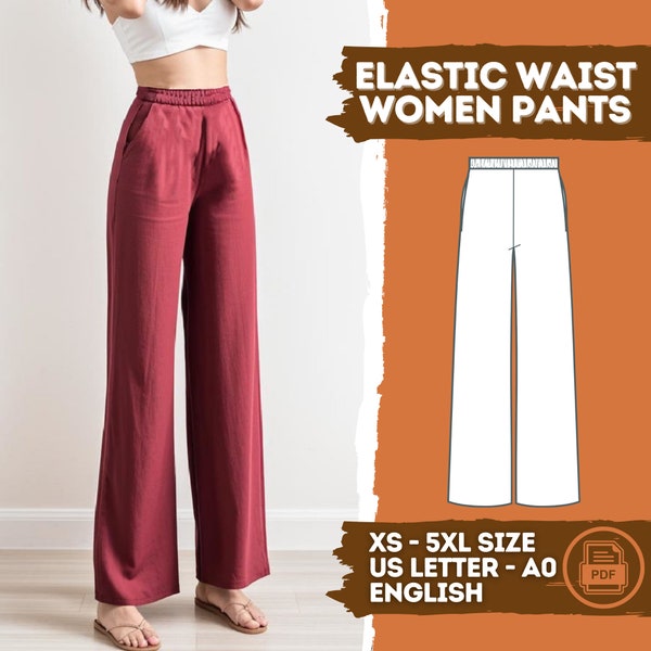 Patron de couture de pantalons taille élastique pour femmes, pantalon palazzo en lin avec poches Patron PDF