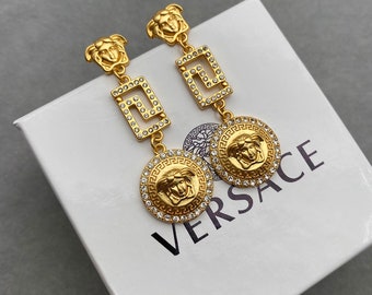 Vintage Versace Gold Rhinestones Drop Earrings