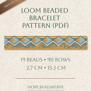 May include: A digital PDF pattern for a loom beaded bracelet. The design features a repeating pattern in teal, yellow, and white. The bracelet is 2.7 cm wide and 15.3 cm long. The text reads "LOOM BEADED BRACELET PATTERN (PDF)".