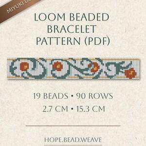 Könnte beinhalten: Ein PDF-Muster für ein gewebtes Armband. Das Design zeigt ein sich wiederholendes Muster aus türkisfarbenen, orangefarbenen und weißen Perlen. Das Armband ist 2,7 cm breit und 15,3 cm lang. Der Text lautet "LOOM BEADED BRACELET PATTERN (PDF)".