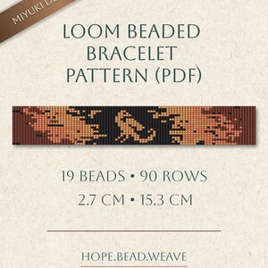 May include: A PDF pattern for a loom beaded bracelet. The design features a pattern in shades of brown, black, and gold. The bracelet measures 2.7 cm wide and 15.3 cm long. The text on the image reads "LOOM BEADED BRACELET PATTERN (PDF)".